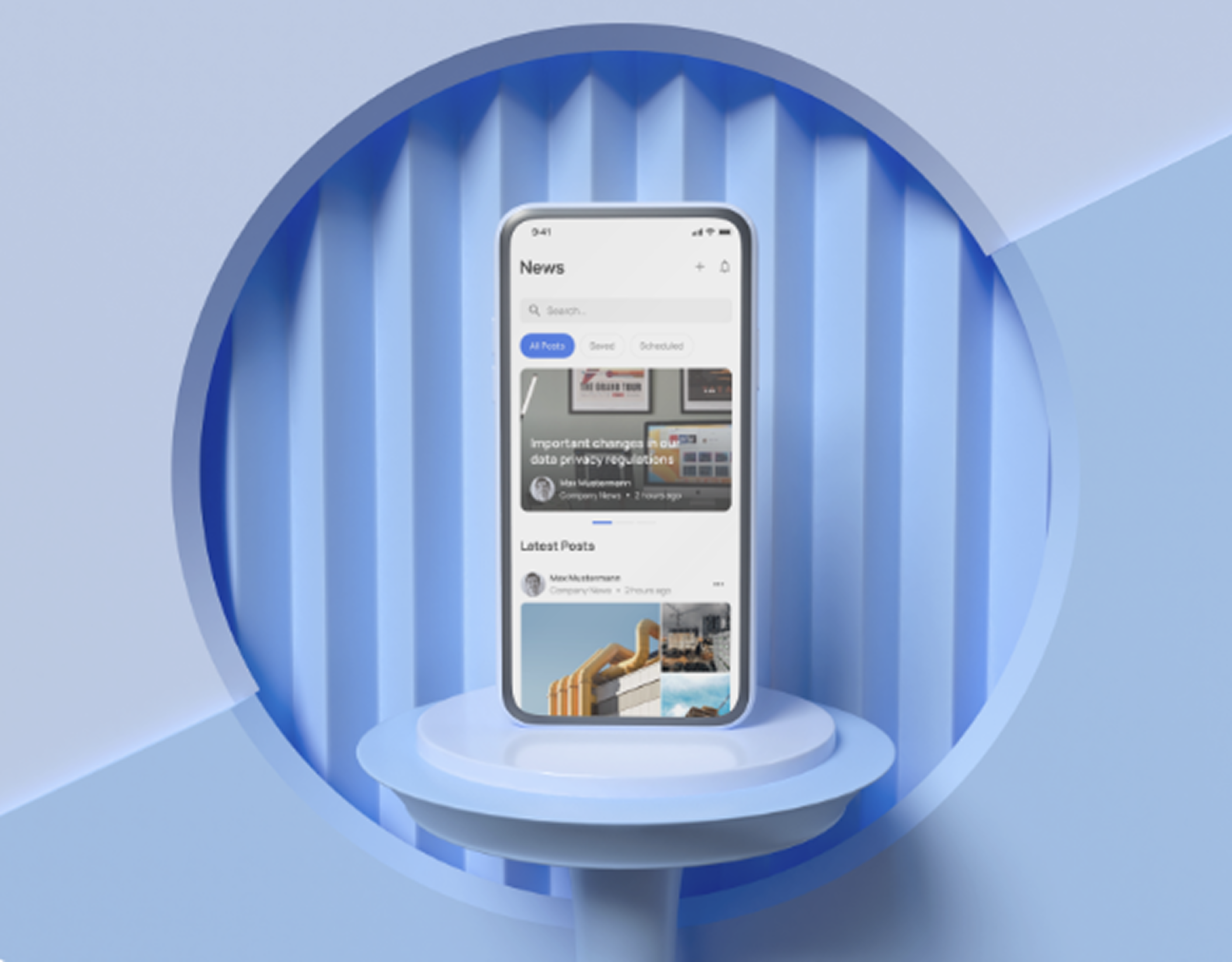 Смартфон с открытым сайтом на экране стоит на подиуме на фоне синих геометрических форм. Заголовок: 'Для чего нужен веб-сайт?'"
